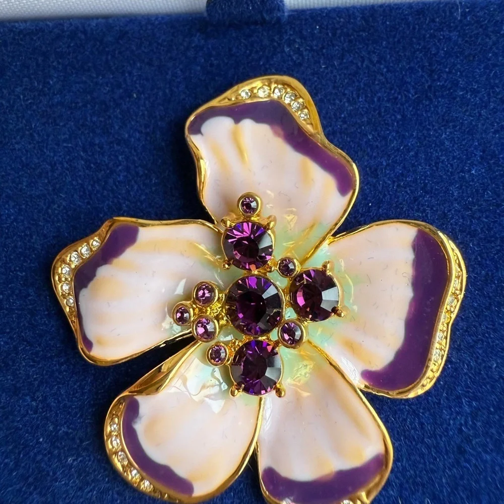 Camrose & Kross Enamel Pansy Flower Brooch w/ Purple Crystals